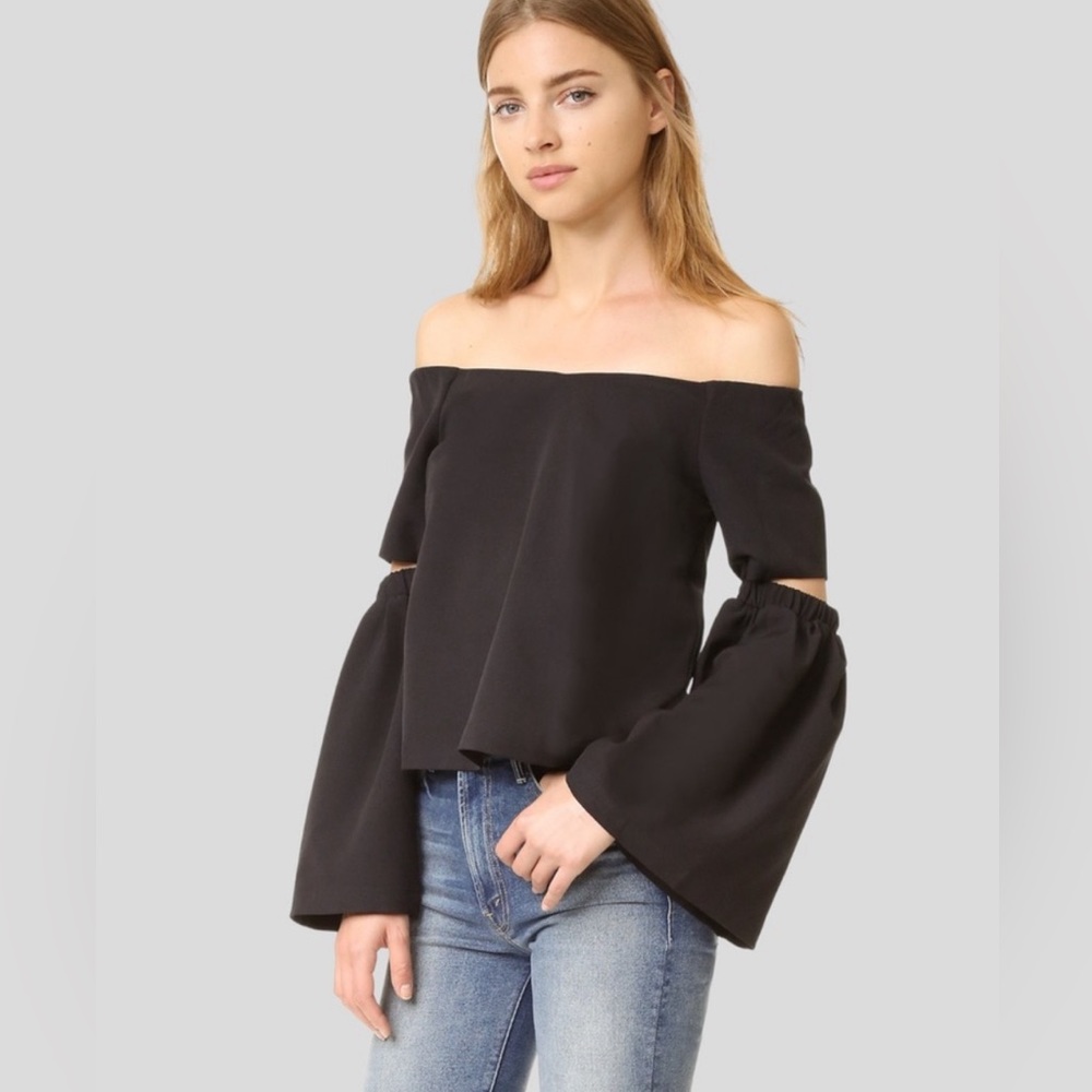 Re:Named Boutique Black Crepe Off The Shoulder Cutout Bell Sleeve Blouse Small